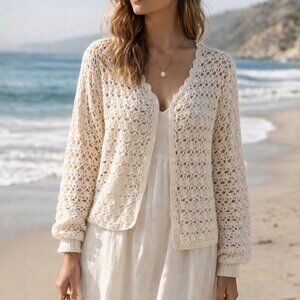 Northern Reflections Vintage 90s Coastal 100% Cotton Crochet Cardigan Size M